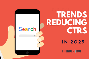 A cartoon put together by our SEO Agency in Surrey of a hand holding a smartphone and the headline "Trends reducing CTRs in 2025"