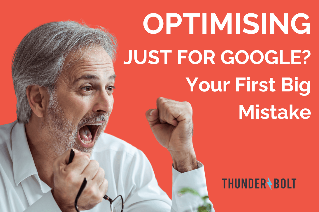 An image of a man celebrating his use of multiplatform SEO, next to the title "Optimising Just for Google? Your First Big Mistake"