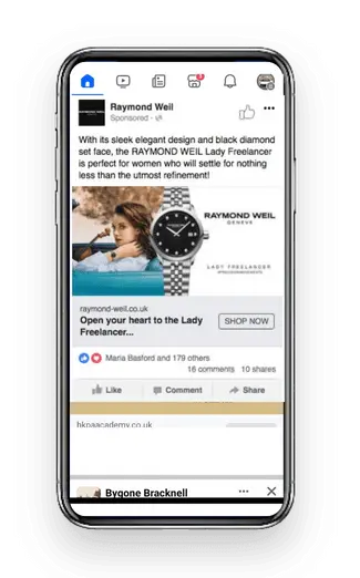 A Raymond Weil Facebook advert shown on a mobile phone screen