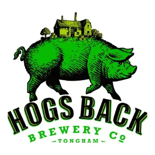 Hogs Back Brewery Co Tongham's logo of a green pig with a small drawing of the brewery atop its back
