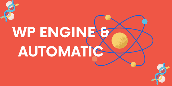 A red background with "WP Engine & Automatic" written in white text and a cartoon atom in the background | Website design Surrey